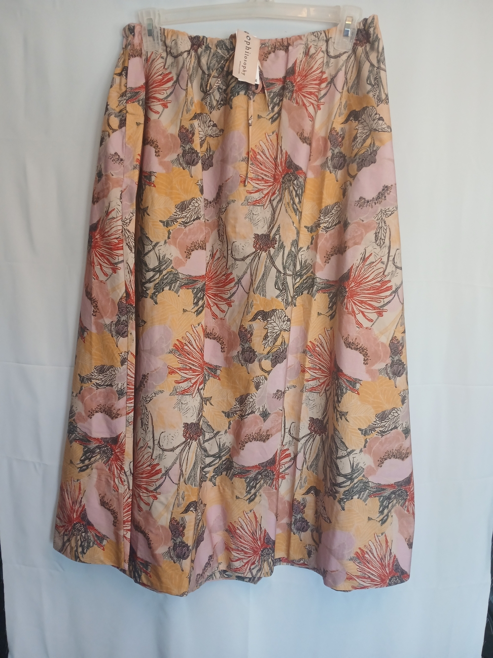 Philosophy Mauve Floral Elastic Waist Cotton A-Line Midi Skirt L New!